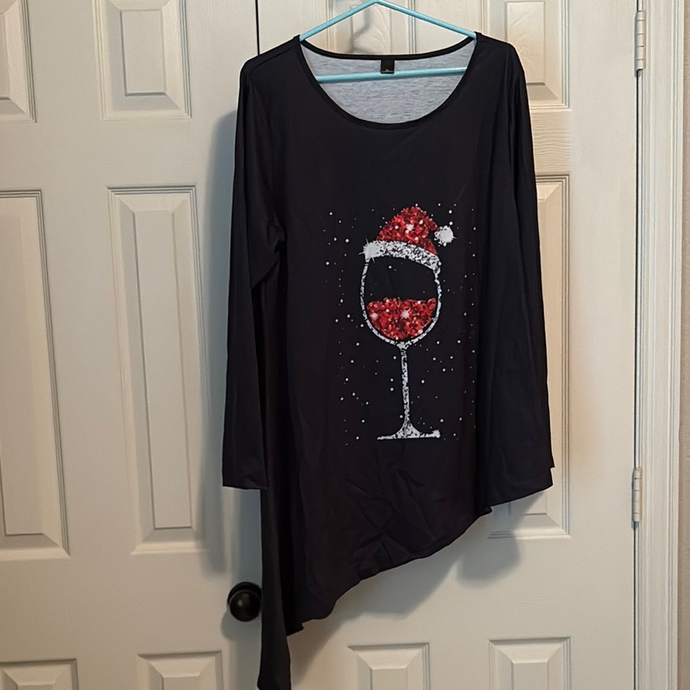 Black Long Sleeve Top with Red Wine Glass Design